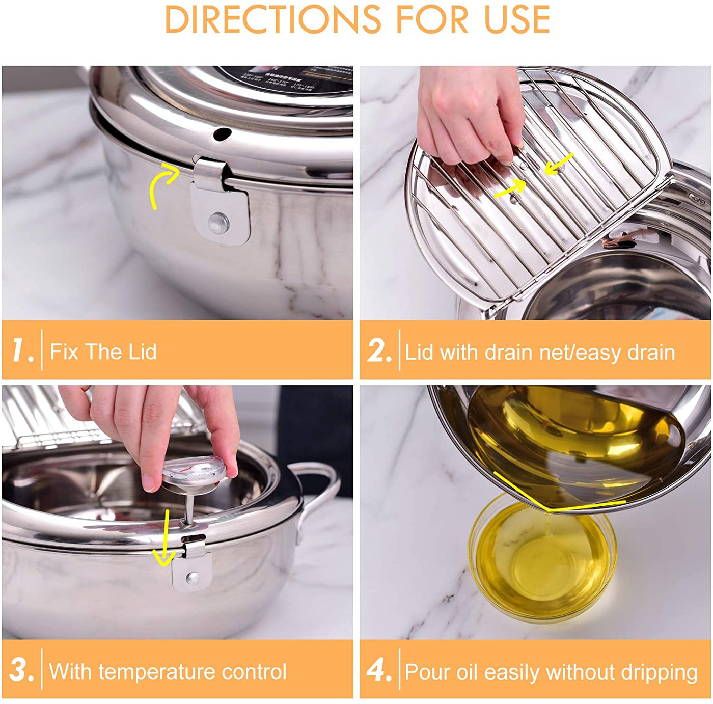 Japanese Deep Frying Pot with a Thermometer and a Lid 304 Stainless Steel Kitchen Tempura Fryer Pan 20 24 cm